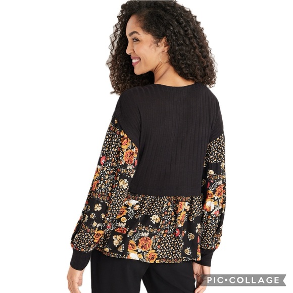 Maurices Black Ribbed Knit & Floral Patchwork Layered Scoop Neck Blouse - Picture 3 of 16